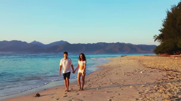 Uitzicht Een Paar Wandelen Het Zandstrand Avond — Stockvideo