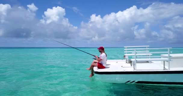 Lovely Active Couple Fishing Luxury Yacht Maldives — Stock Video