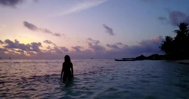 Πλάνα Από Σιλουέτες Κορίτσι Στέκεται Στη Θάλασσα Βράδυ — Αρχείο Βίντεο