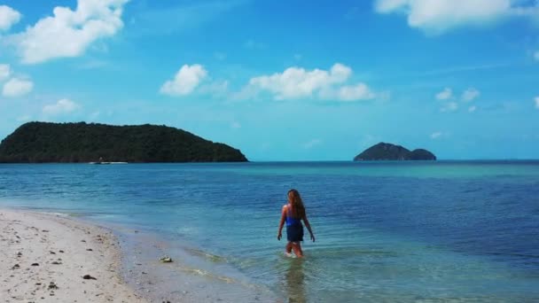 Vista Uma Menina Andando Praia Areia Pensando Algo — Vídeo de Stock