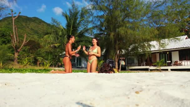 Wideo Dwóch Kobiet Piaszczystej Plaży Bawiących Się Dłońmi Grach Pobliżu — Wideo stockowe