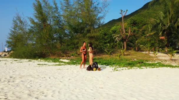 해변의 모래사장에 일광욕을 이야기하는 친구가 아름다운 여자들이 휴양지에서 — 비디오