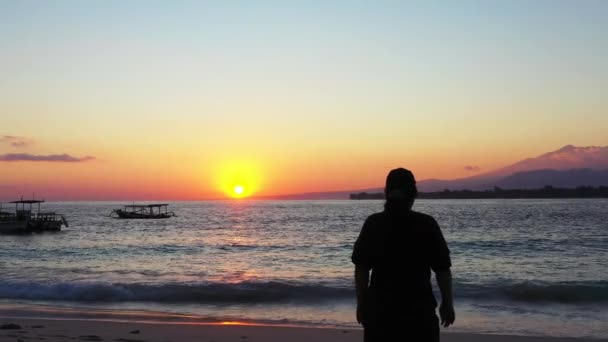 Σιλουέτα Της Γυναίκας Που Στέκεται Στην Παραλία Ηλιοβασίλεμα — Αρχείο Βίντεο