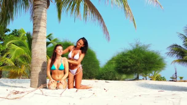 Two Young Girl Friends Bikini Sitting Sandy Sea Coast Palm — Stock Video