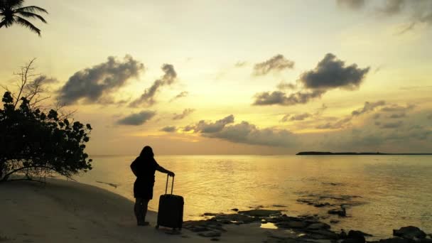 日落时带着行李在海滩上的女人的轮廓 — 图库视频影像