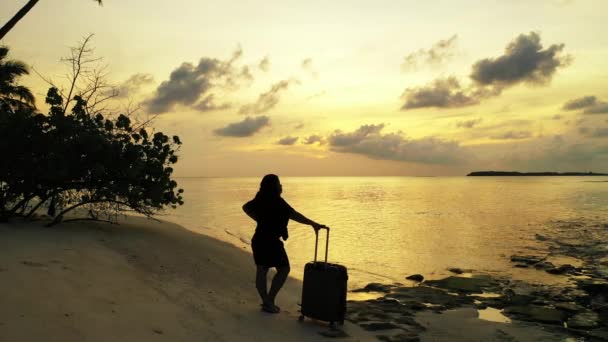 Silhouette Donna Contro Tramonto Con Bagagli Sulla Spiaggia — Video Stock