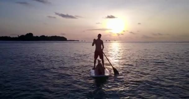Lustiges Paar Auf Surfbrett Beim Gemeinsamen Surfen Meer Bei Sonnenuntergang — Stockvideo