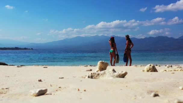 Zwei Frauen Mit Schwimmflossen Sommerstrand — Stockvideo