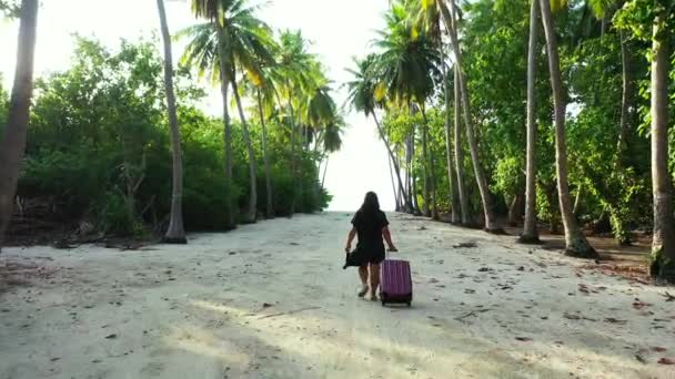 Perempuan Wisatawan Berjalan Pada Liburan Musim Panas Tropis Dengan Koper — Stok Video