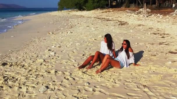 Vackra Två Flickor Sitter Sandstranden — Stockvideo