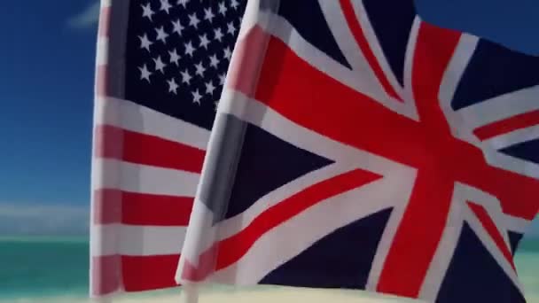 Banderas Estados Unidos Reino Unido Playa Disfrutando Vacaciones Tropicales Bali — Vídeos de Stock