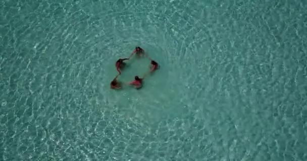 Imágenes Aéreas Del Quadcopter Drones Mujeres Jóvenes Playa Con Isla — Vídeo de stock