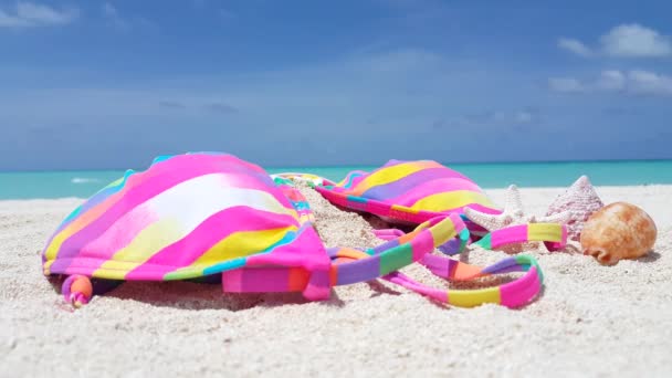 Gestreepte Bikini Met Schelpen Het Strand Exotische Vakantie Bali Indonesië — Stockvideo