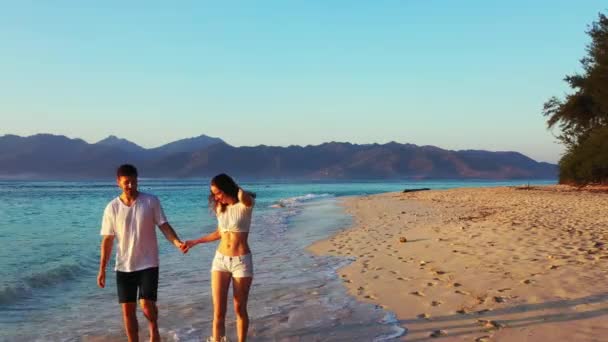 Θέα Ενός Ζευγαριού Που Περπατά Στην Αμμώδη Παραλία Βράδυ — Αρχείο Βίντεο
