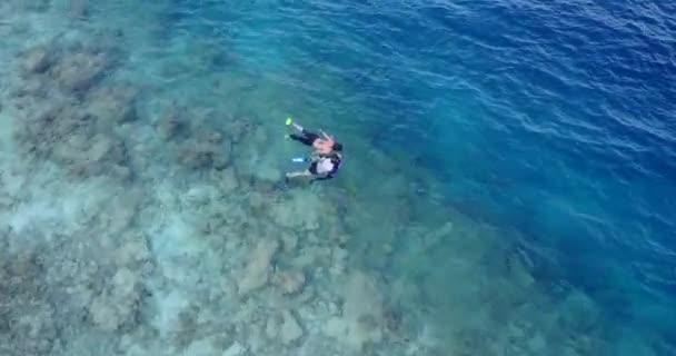 Foto Aérea Dos Personas Nadando Buceando Aguas Cristalinas Color Turquesa — Vídeos de Stock