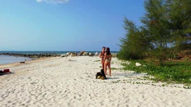 Dwie Młode Dziewczyny Bikini Stojące Piaszczystym Wybrzeżu Rozmawiające Piękne Kobiety — Wideo stockowe