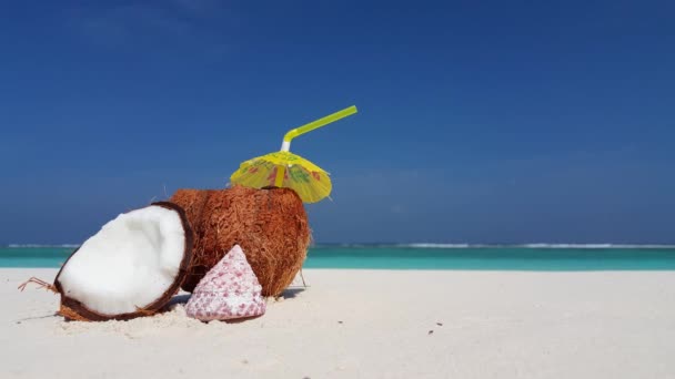 Kokoscocktail Met Stro Schelp Het Strand Met Kopieerruimte Zomer Landschap — Stockvideo