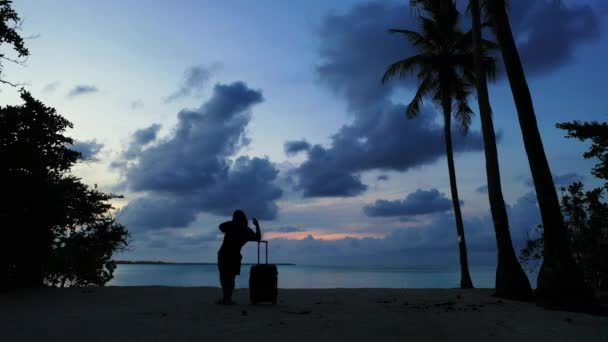 Silhouet Van Een Vrouw Met Koffer Het Strand Bij Zonsondergang — Stockvideo
