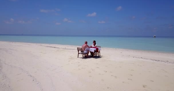 愛するカップルは熱帯のビーチでロマンチックなランチを共有します — ストック動画