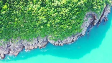Çevresinde yeşil ağaçlar ve turkuaz deniz olan kayalık bir ada uçurumu. Endonezya, Bali 'ye tropikal yolculuk.