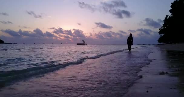 Riprese Sagome Ragazza Che Cammina Sulla Spiaggia Sera — Video Stock