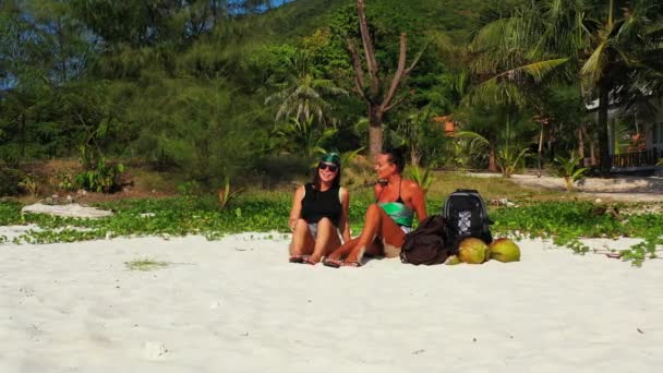 Deux Jeunes Amies Assises Sur Côte Sablonneuse Avec Des Sacs — Video