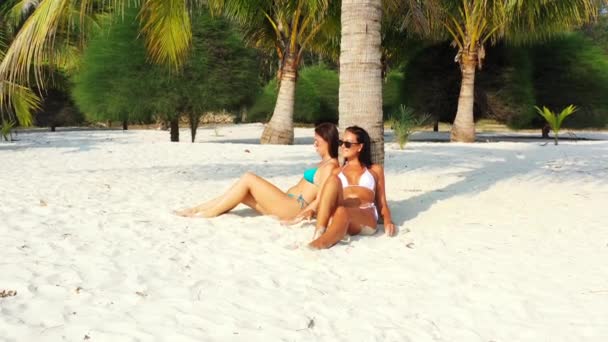 Twee Jonge Vriendinnen Bikini Zittend Aan Zandkust Onder Palmbomen Zonnebadend — Stockvideo
