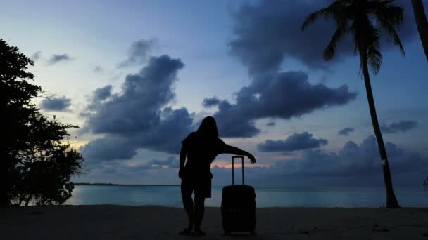 Silhueta Mulher Com Mala Praia Noite — Vídeo de Stock