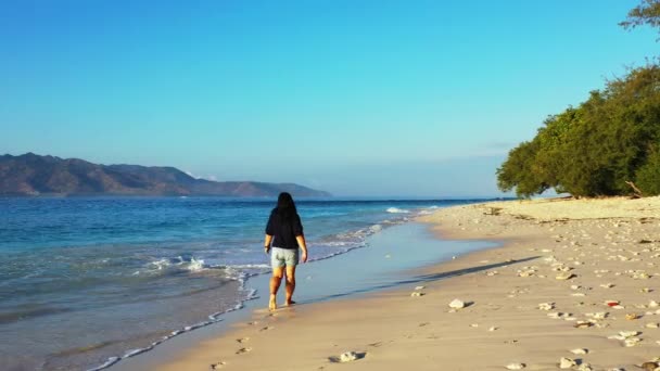 在泰国海滩享受美丽落日的快乐无忧无虑的女人 — 图库视频影像