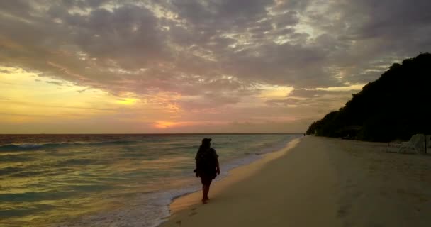 Silhouette Einer Frau Die Bei Sonnenuntergang Sandstrand Spaziert — Stockvideo