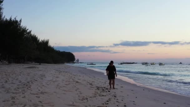马尔代夫群岛 一个热带旅行的概念 在一个五彩缤纷的夕阳西下 一个天堂海滩上的女人 — 图库视频影像