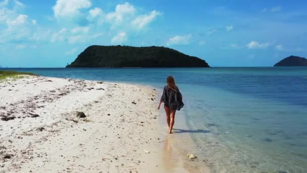 Vista Una Chica Caminando Playa Arena Pensando Algo — Vídeos de Stock