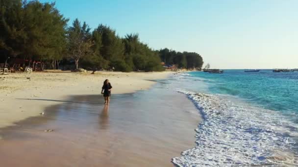 Жінка Рюкзаком Йде Пляжі — стокове відео