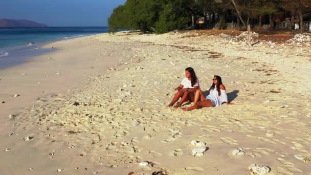 Szczęśliwy Dziewczyny Relaks Plaży Piasku — Wideo stockowe
