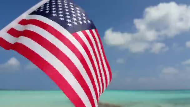 Person Mit Schwenkender Flagge Strand Exotischer Urlaub Der Dominikanischen Republik — Stockvideo