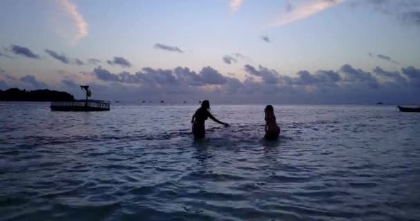 Filmati Silhouette Ragazze Che Giocano Sul Mare Sera — Video Stock