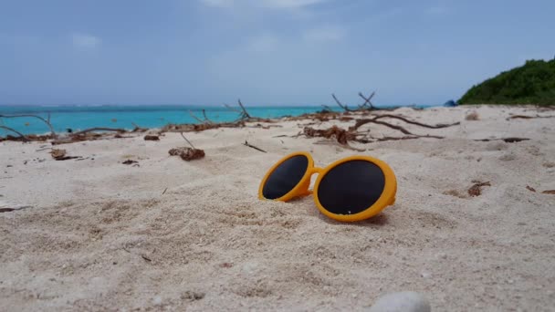 Orangefarbene Sonnenbrille Strand Mit Abgebrochenen Ästen Sommerentspannung Auf Bali Indonesien — Stockvideo
