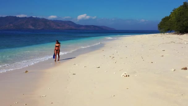 Γυναίκα Περπάτημα Πτερύγια Εξοπλισμού Στην Παραλία Του Καλοκαιριού — Αρχείο Βίντεο