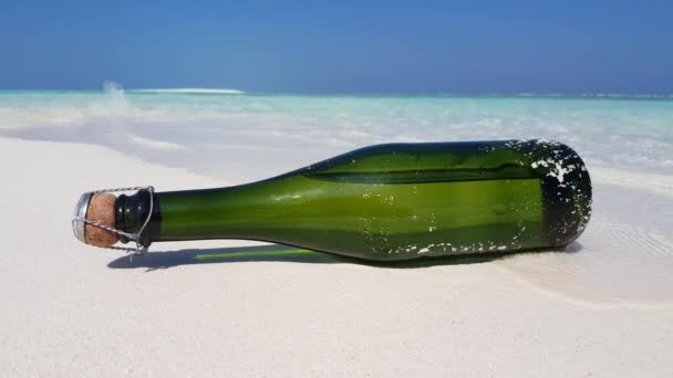 Champagne Flaska Vit Sand Paradisets Strandlinje Sommarsemester Maldiverna — Stockvideo