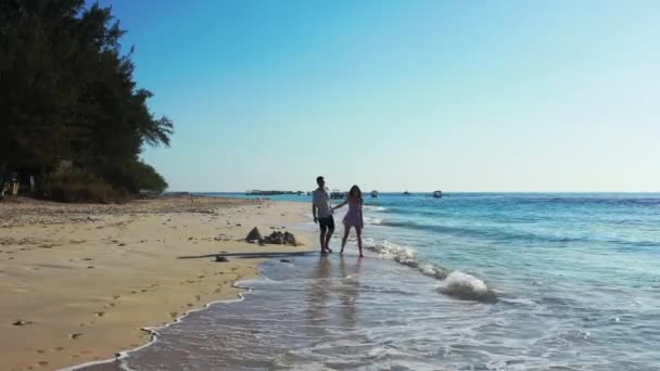 暑期休闲的概念镜头 一对年轻夫妇在热带沙滩上散步 玩得很开心 — 图库视频影像