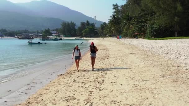 Πλάνα Από Ψηλά Από Δύο Φίλες Που Περπατούν Στην Παραλία — Αρχείο Βίντεο