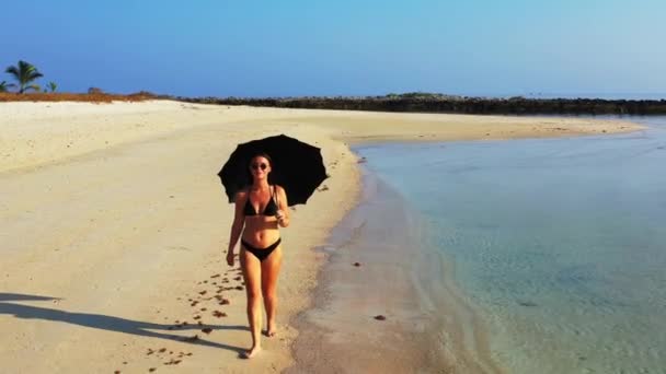 Mladý Atraktivní Dívka Černošky Bikiny Chůze Písečné Pláži Letní Volný — Stock video