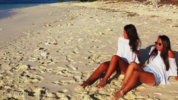 Hermosas Dos Chicas Sentadas Playa Arena — Vídeo de stock