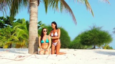 Bikinili iki genç kız arkadaş kumlu deniz kıyısında palmiye ağacının altında güneşleniyor. Bir kız arkadaşının üzerine güneş kremi sürüyor. Tropik tatil köyünde dinlenen güzel kadınlar   