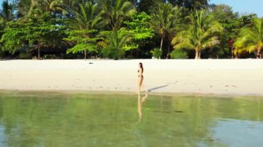 Tropik adanın kıyılarında mayo giymiş güzel genç bir kadının videosu. 
