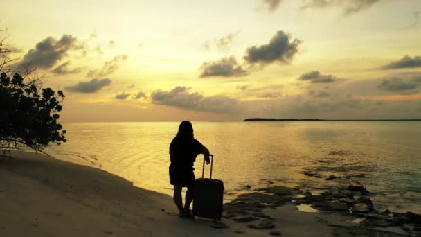 海滩上背着行李的女人面对日落时的轮廓 — 图库视频影像