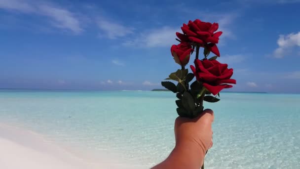 Person Som Holder Røde Roser Stranden Tropisk Tur Til Barbados – stockvideo