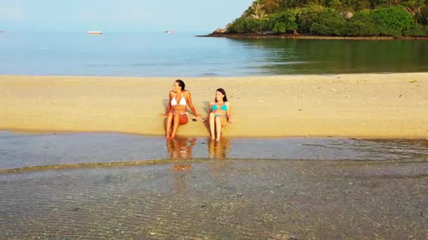 Dos Amigas Jóvenes Bikini Acuestan Costa Del Mar Tomando Sol — Vídeo de stock