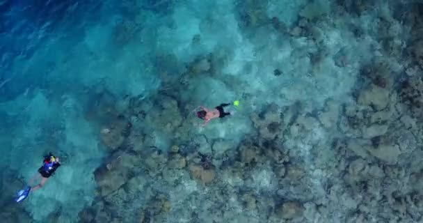 两个人在碧绿的蓝绿色水晶清澈的加勒比海上游泳和潜水的空中照片 那里有美丽的珊瑚礁和海底岩石 — 图库视频影像