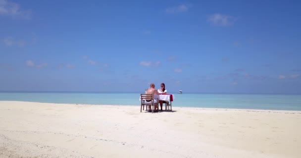 ハニームーンカップルは熱帯のビーチでプライベートでロマンチックなランチをしています — ストック動画